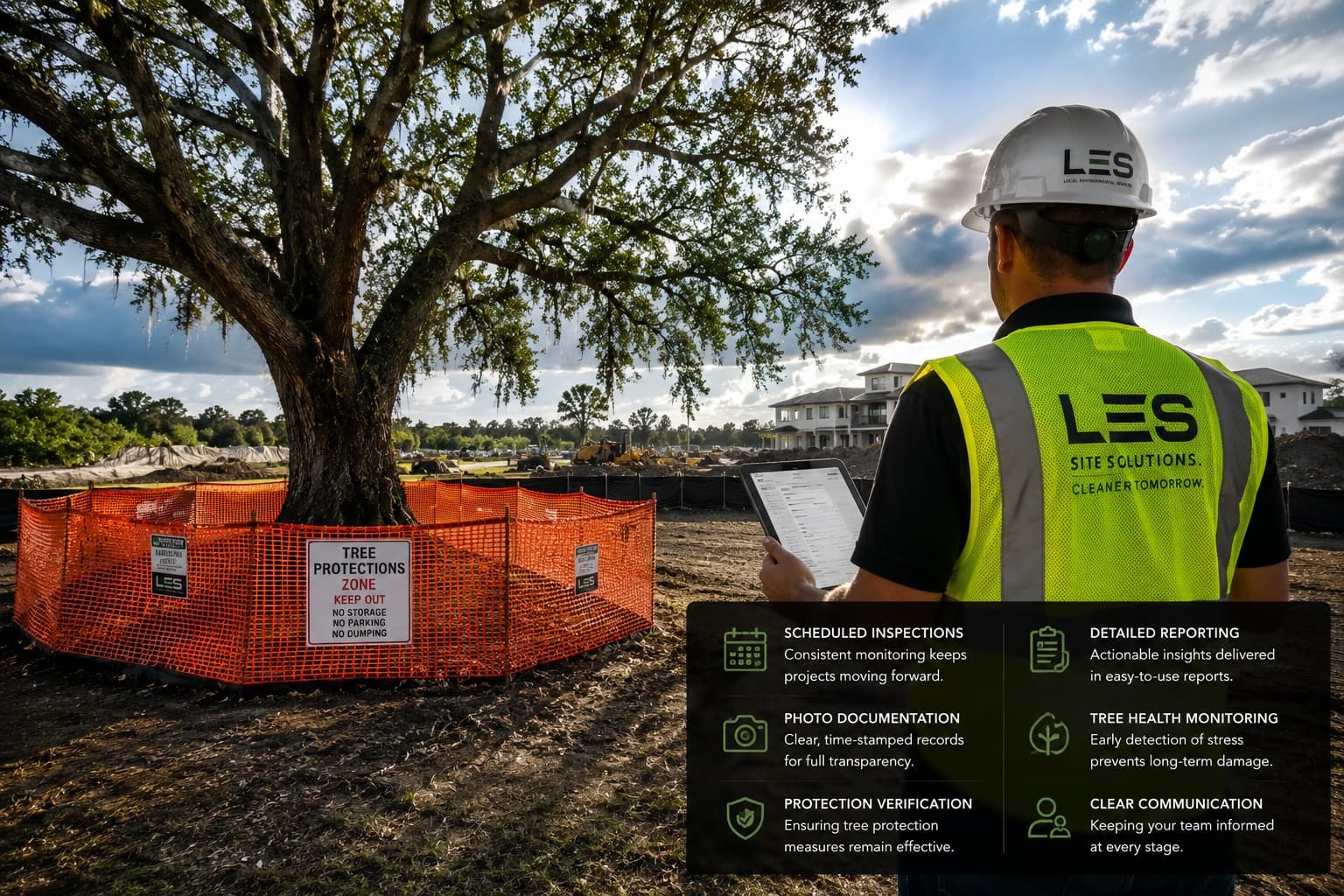 LES arborist inspecting a protected oak inside a tree protection zone fence with a tablet on an active Central Florida construction site