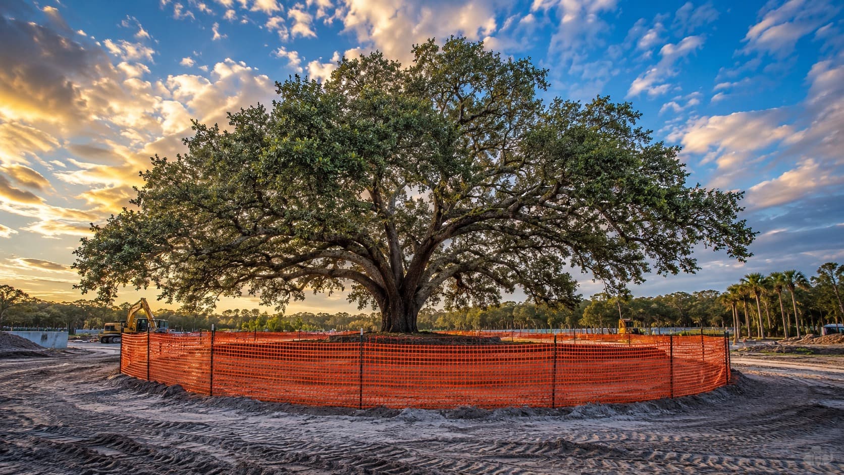Protected live oak inside an orange tree protection exclusion fence on an active Central Florida construction site