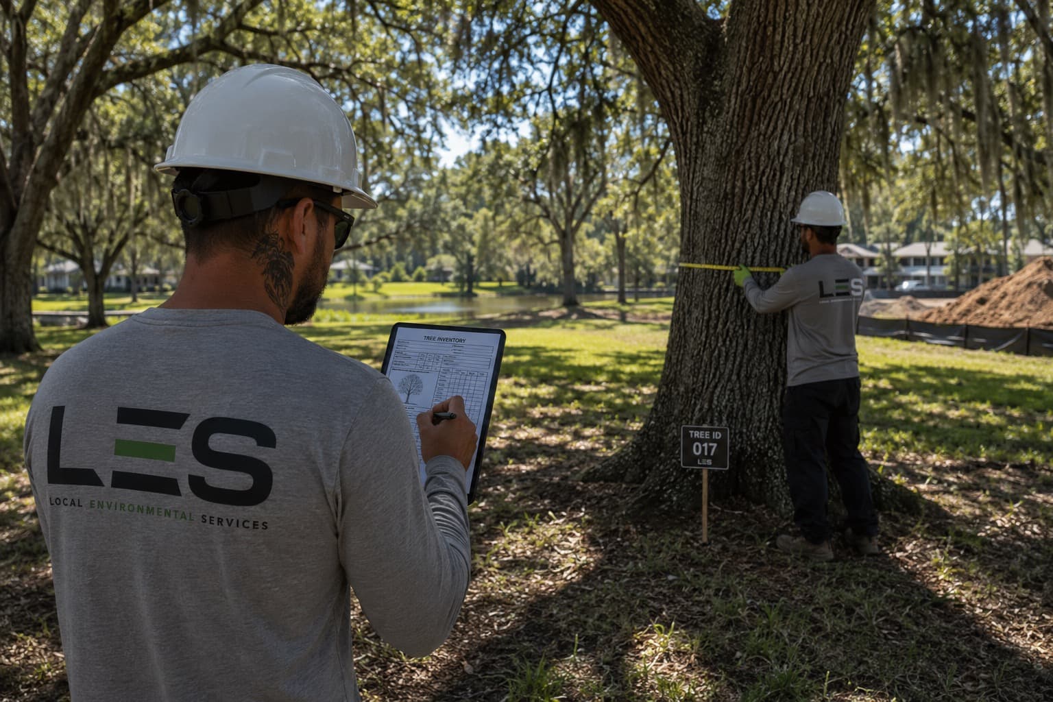 LES crew conducting a tree inventory and measurement under live oak canopy