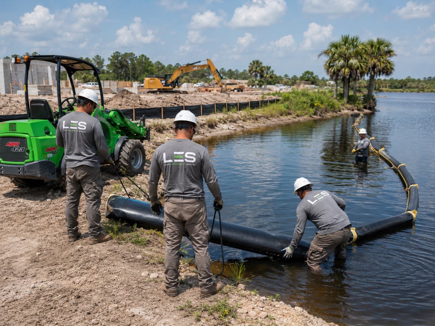 LES crew installing a floating turbidity barrier on a lakeside construction site