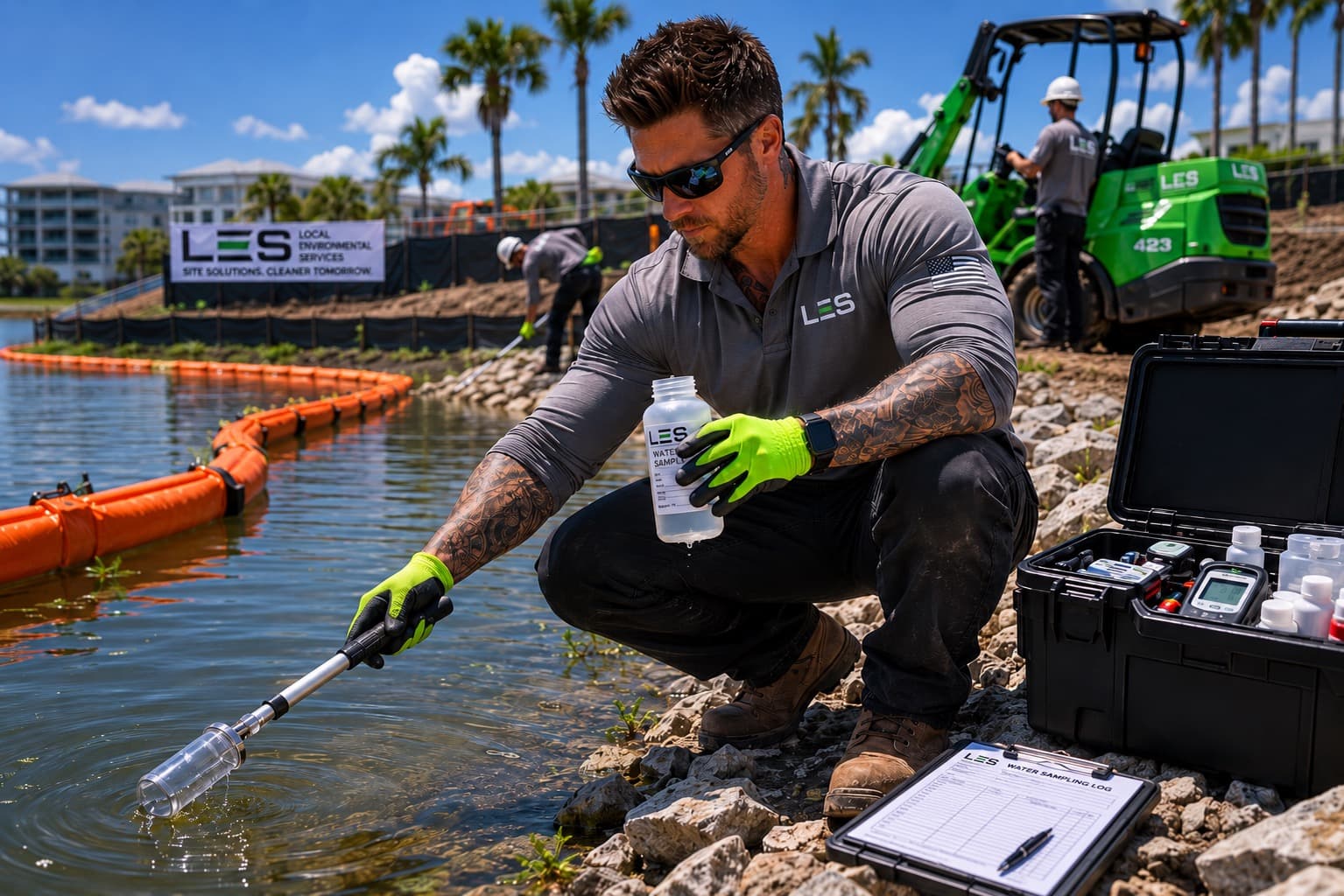 LES technician collecting a water quality sample near a turbidity barrier